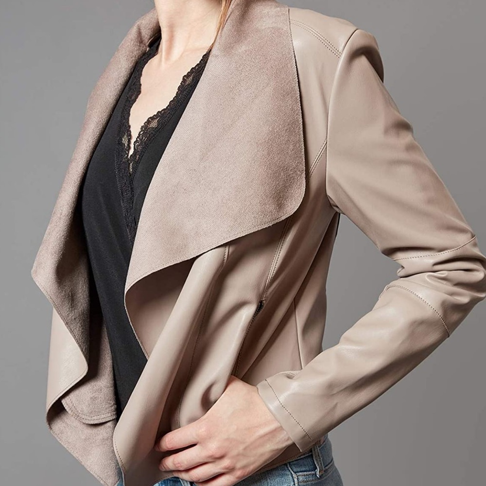 Cropped Shawl collar faux leather jacket with zipper pockets